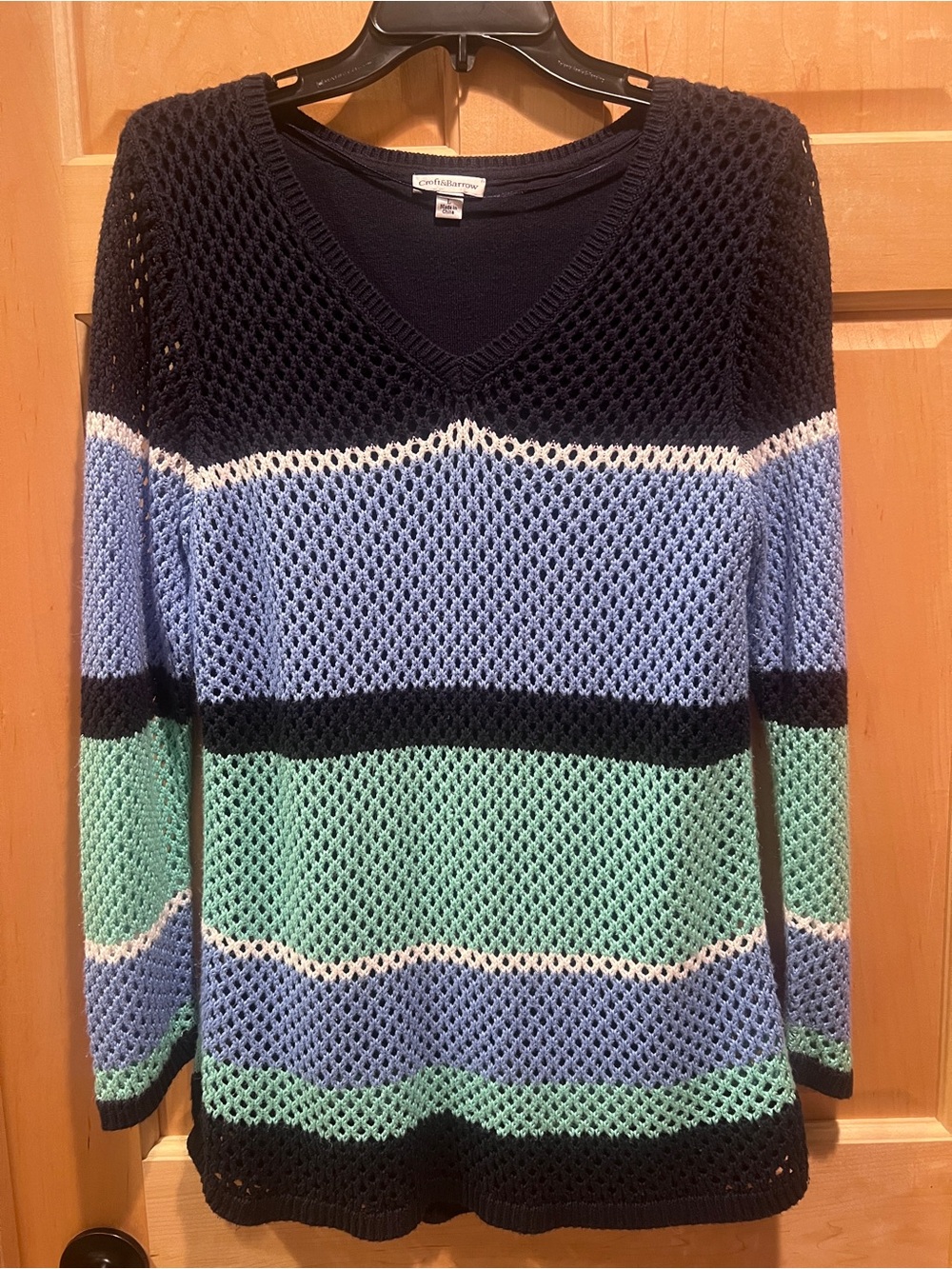 Croft & Barrow Color block Lined Open Knit Pullover Sweater Tunic Coastal Boho L